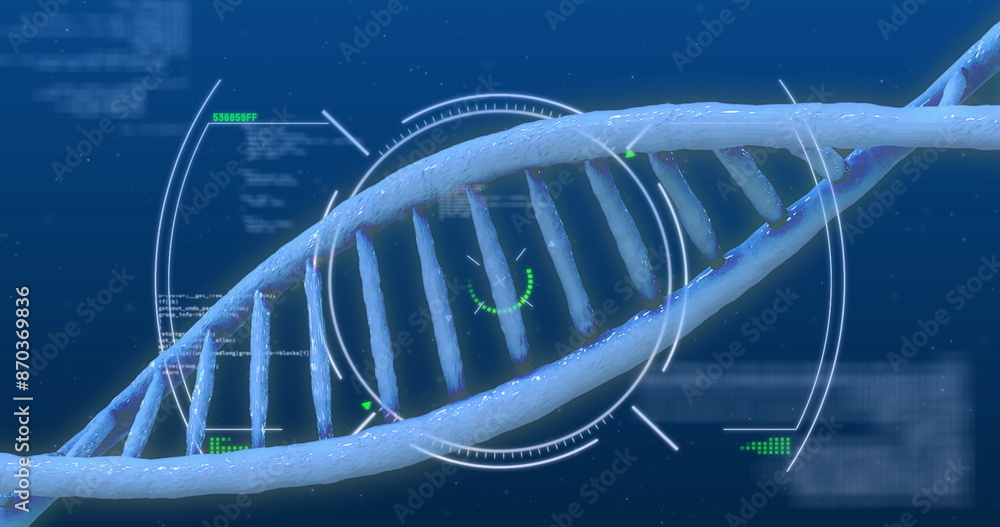 Poster image of dna helix and digital scanning over computer language