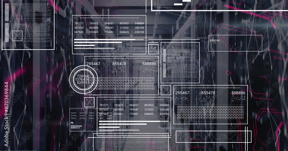 Poster image of interface with data processing and network of connections against computer server room