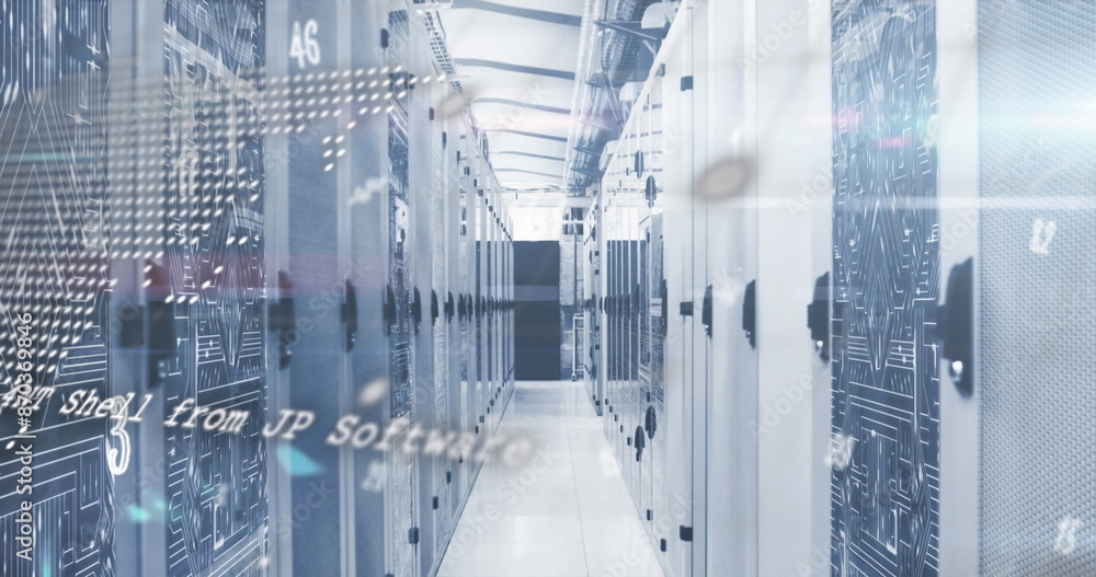 Poster image of numbers, symbols, world map and data processing against computer server room