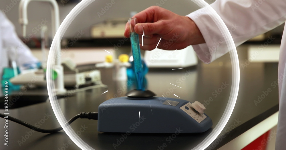 Poster image of data processing over caucasian male scientist in laboratory