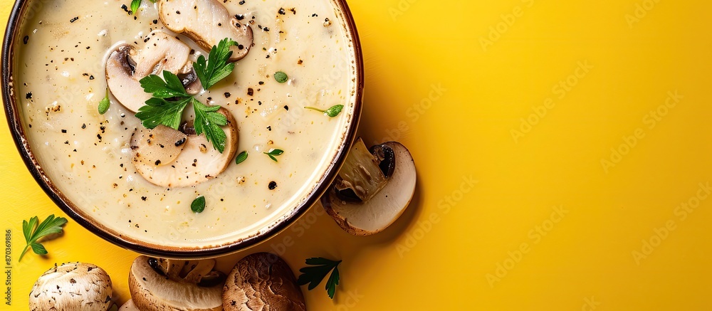 Poster a close-up view displays creamy mushroom soup against a yellow backdrop with ample copy space image.