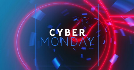 Image of cyber monday text banner against neon tunnel in seamless pattern on blue background