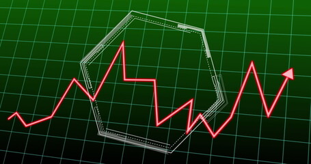 Image of statistical data processing over grid network and hexagon against green background