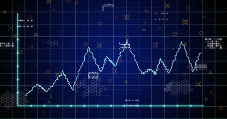 Image of statistical data processing over grid network against blue background