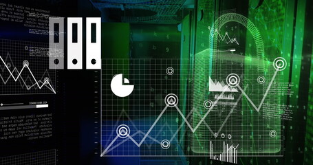 Image of security padlock icon and data processing against computer server room