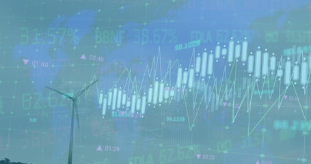Image of graphs, map, trading board over windmill on green field against clear sky
