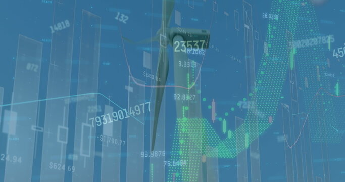 Image of graphs and changing numbers over windmills against clear sky