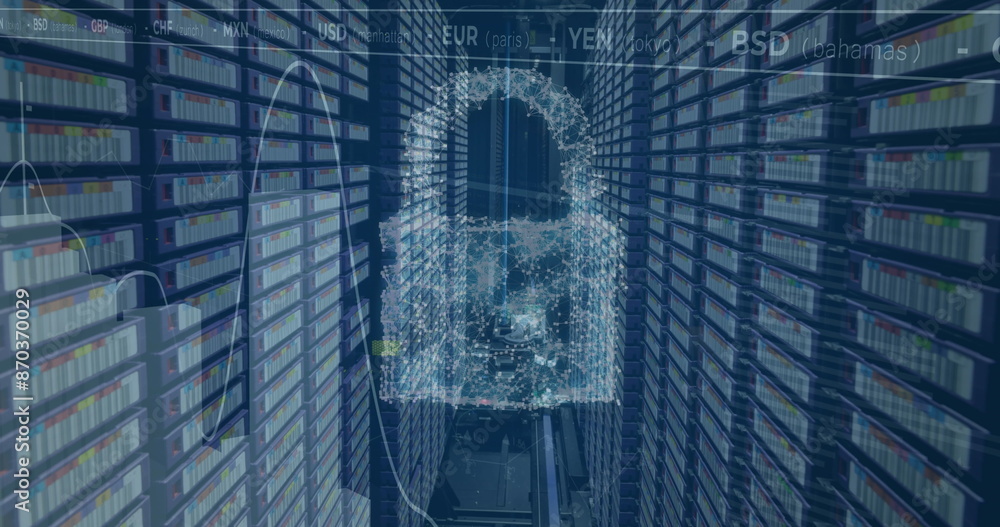 Poster image of padlock and data processing over computer servers