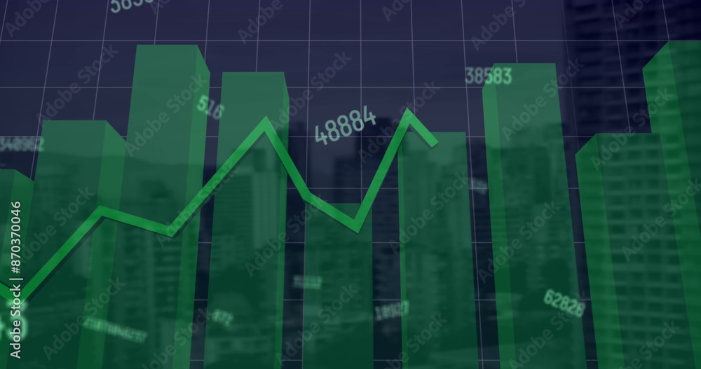 Poster image of changing numbers and statistical data processing against aerial view of cityscape