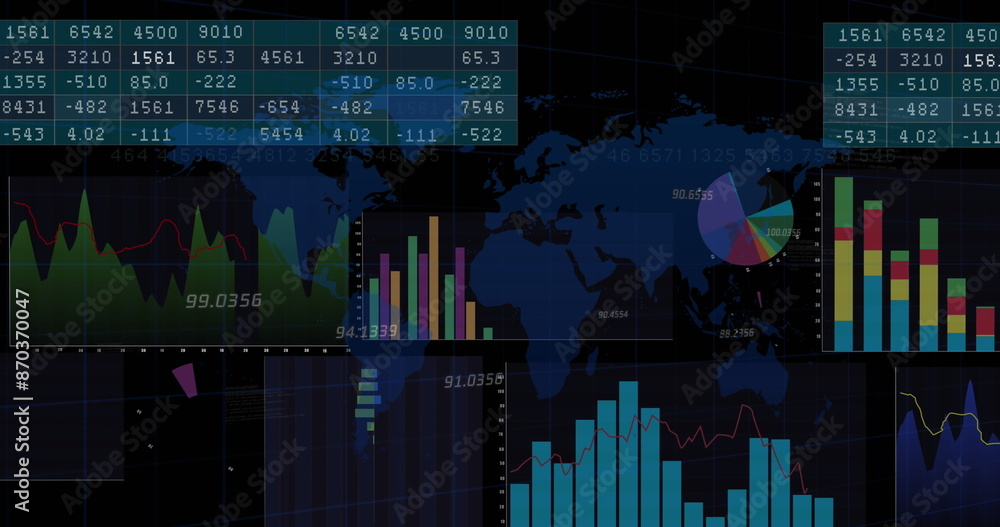 Aufkleber a blue world map with white numbers floating over a grid on black background