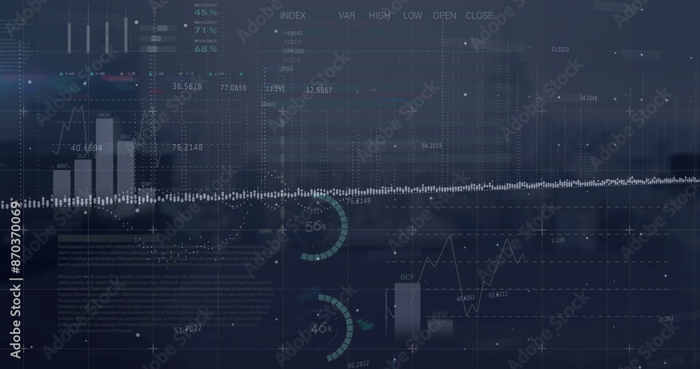 Poster image of statistical data processing against aerial view of cityscape