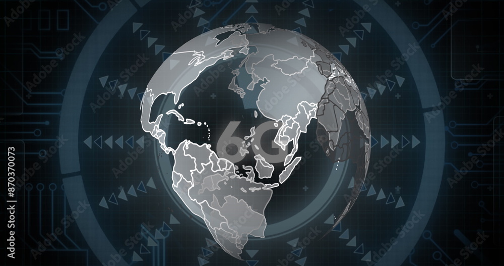Poster image of spinning globe over 6g text on round scanners and microprocessor connections