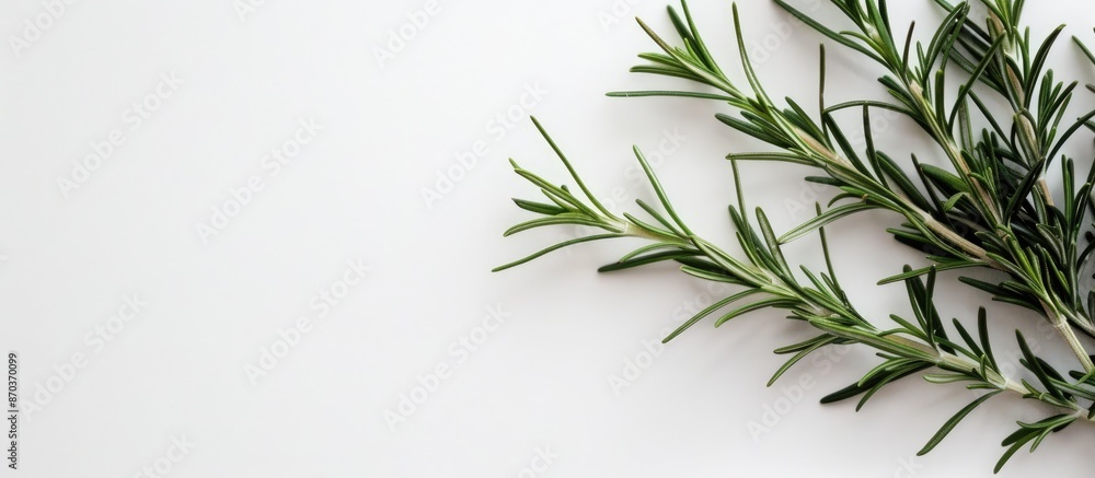 Poster a vibrant green sprig of rosemary on a white backdrop with empty space for text in the image. image 