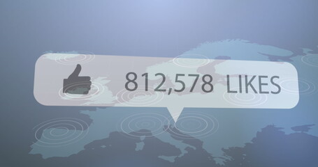 Image of like icon with increasing numbers on a speech bubble against usa map