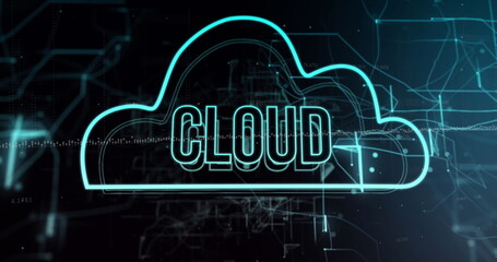 Image of cloud text and data processing over dark background