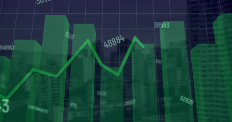 Image of changing numbers and statistical data processing against aerial view of cityscape