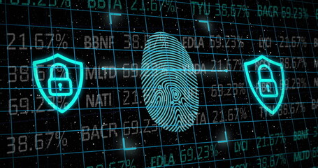 Image of biometric fingerprint and financial data processing over dark background