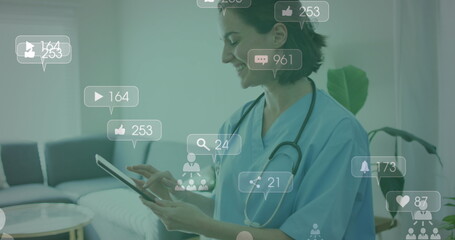 Image of medical icons and data processing over caucasian female doctor