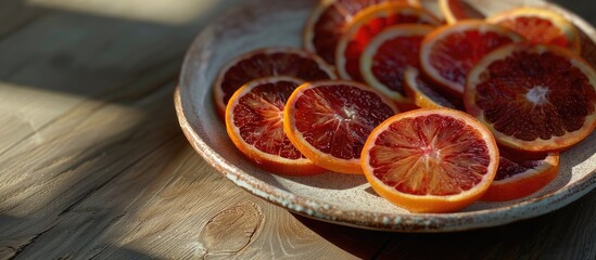 A ceramic plate with slices of organic red oranges, providing an elegant backdrop for a copy space image.