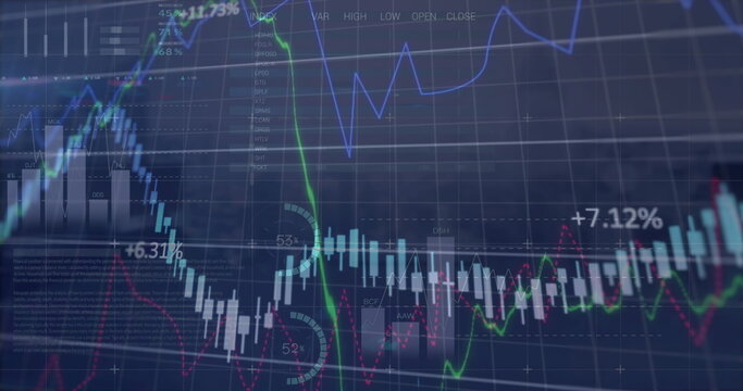 Image of financial and statistical data processing against aerial view of cityscape
