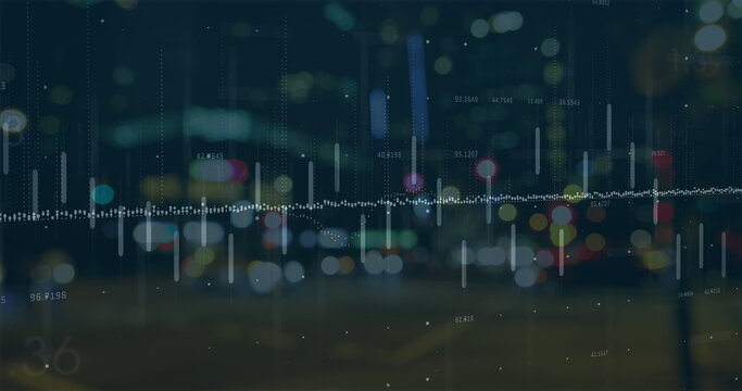 Image of data processing against blurred view of night city traffic