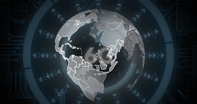 Image of spinning globe over 6g text on round scanners and microprocessor connections