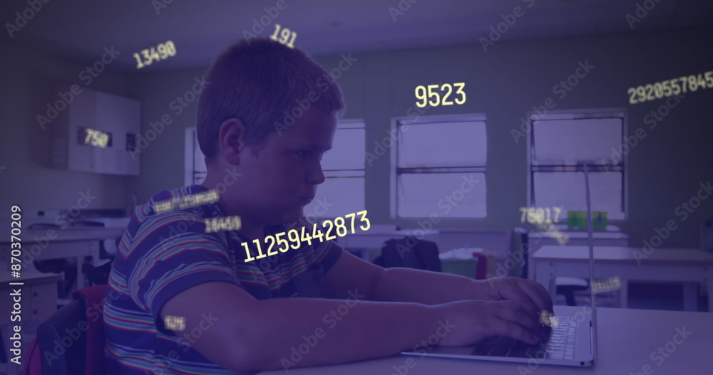 Poster image of multiple changing numbers against caucasian boy using laptop in class at school
