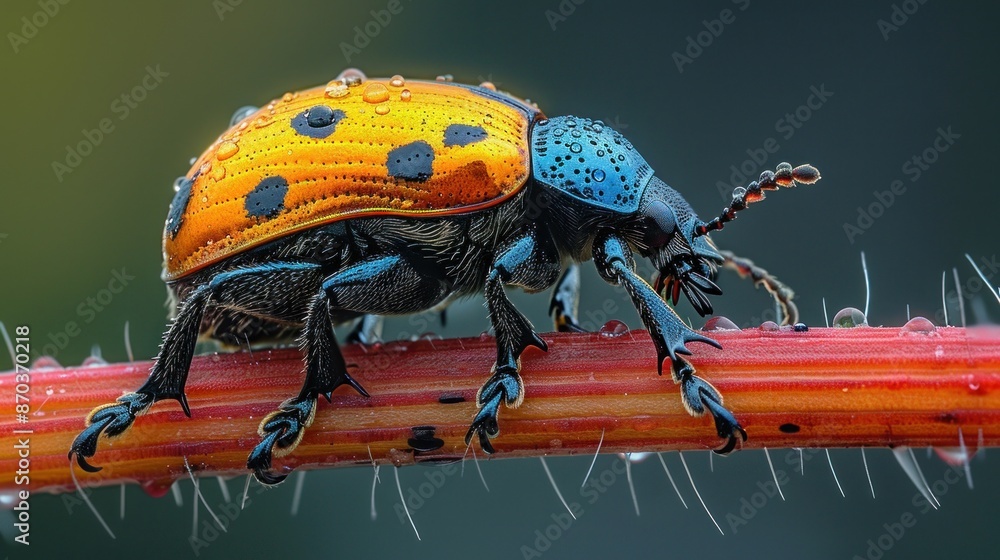 Wall mural A Vibrant Beetle Perched on a Dew-Covered Stem