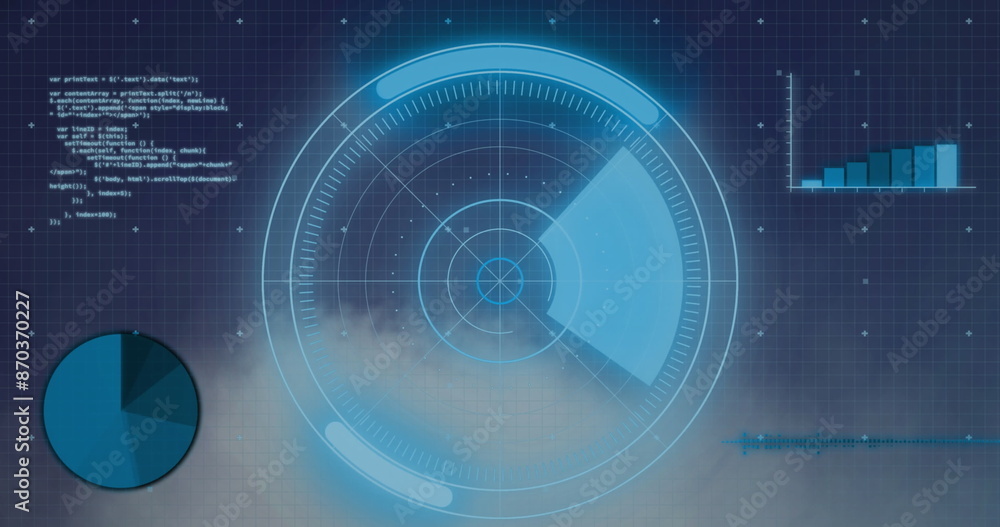 Poster image of round scanner and statistical data processing over grid network against blue background