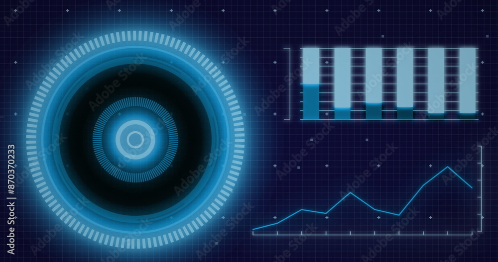 Poster image of interface with neon round scanner and statistical data processing on blue background