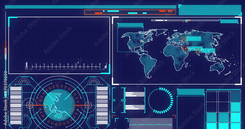 Poster image of interface with spinning globe, world map and data processing against blue background