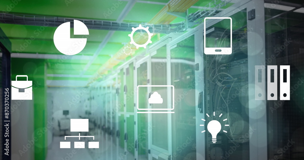 Aufkleber image of multiple digital icons and light spots against computer server room