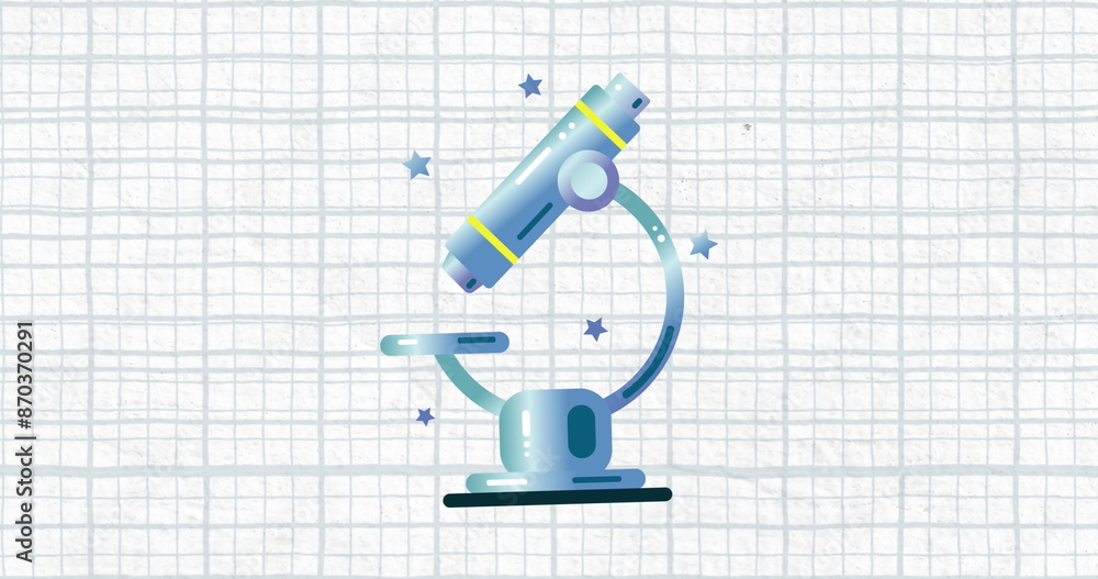 Poster image of microscope icon against squared lined paper background with copy space