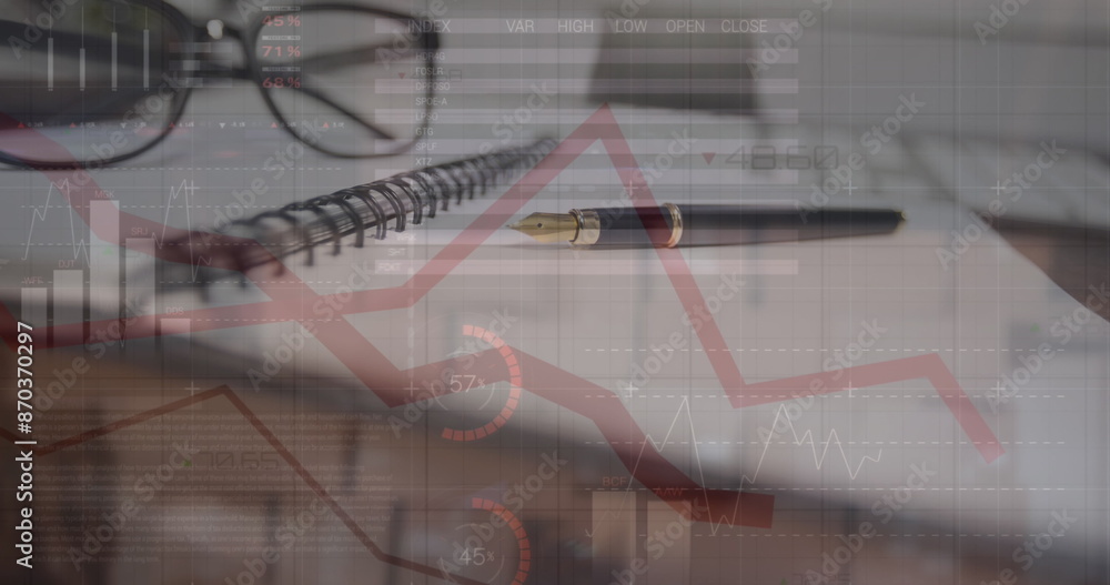 Poster image of statistical data processing over close up of a pen, glasses and diary on office table