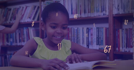 Image of numbers and symbols floating over african american girl studying in library at school