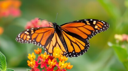 Naklejka premium A monarch butterfly flits from flower to flower, its delicate wings a vibrant display of orange and black patterns.