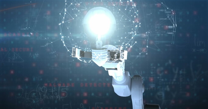 Image of network of connections over robotic arm holding a glowing bulb against data processing - Powered by Adobe