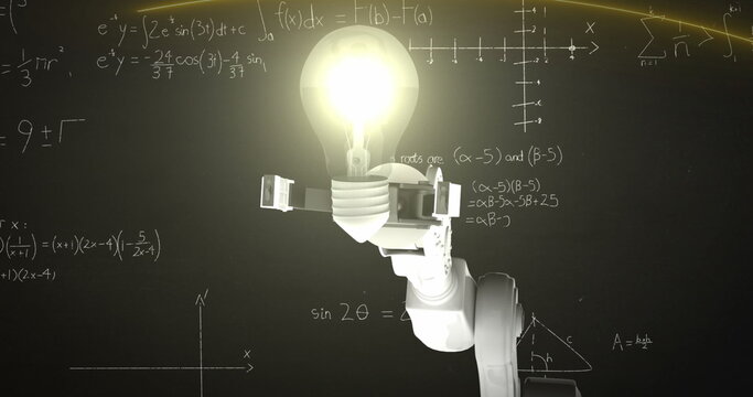 Image of robotic arm holding a glowing bulb against mathematical equations on black background - Powered by Adobe