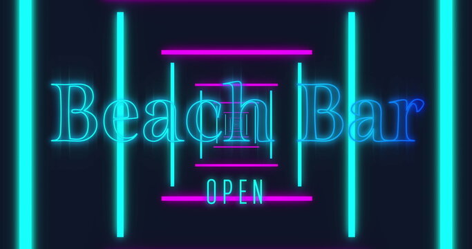 Image of beach bar open text over neon lines on black background - Powered by Adobe