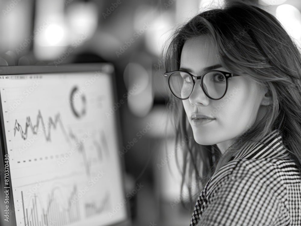 Aufkleber a woman wearing glasses is looking at a computer monitor with graphs on it. she is focused on the da