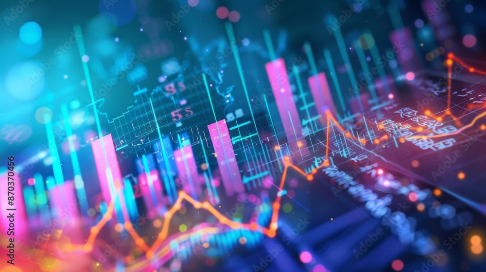 Poster colorful lines and numbers dance across a digital screen, representing the fluctuating nature of the