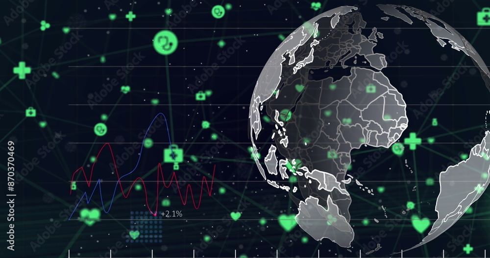 Poster image of multiple graphs, rotating globe and connected icons over black background