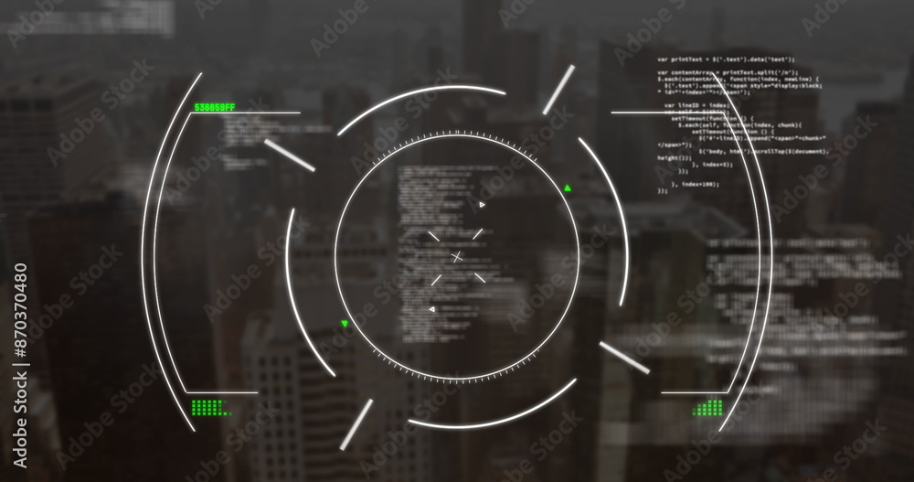 Poster image of circles and computer language over modern cityscape in background