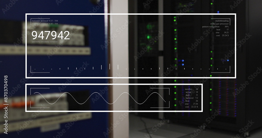 Poster image of changing numbers and graph over data server room