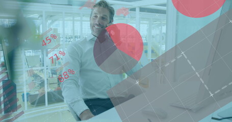 Image of infographic interface over caucasian man talking on smartphone in office