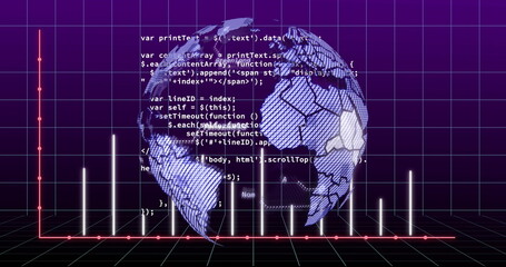 Image of circles on lines of graph over grid pattern and computer language against globe