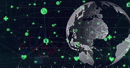 Image of multiple graphs, rotating globe and connected icons over black background