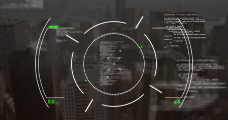 Image of circles and computer language over modern cityscape in background