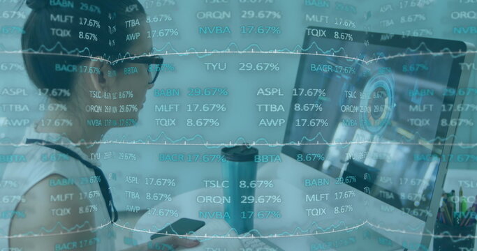 Image of trading board over asian woman sketching on desktop using graphics tablet