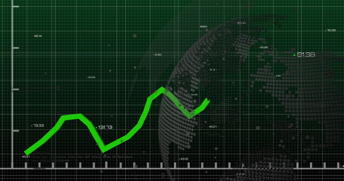 Image of graphs with changing numbers over computer language and globe on abstract background